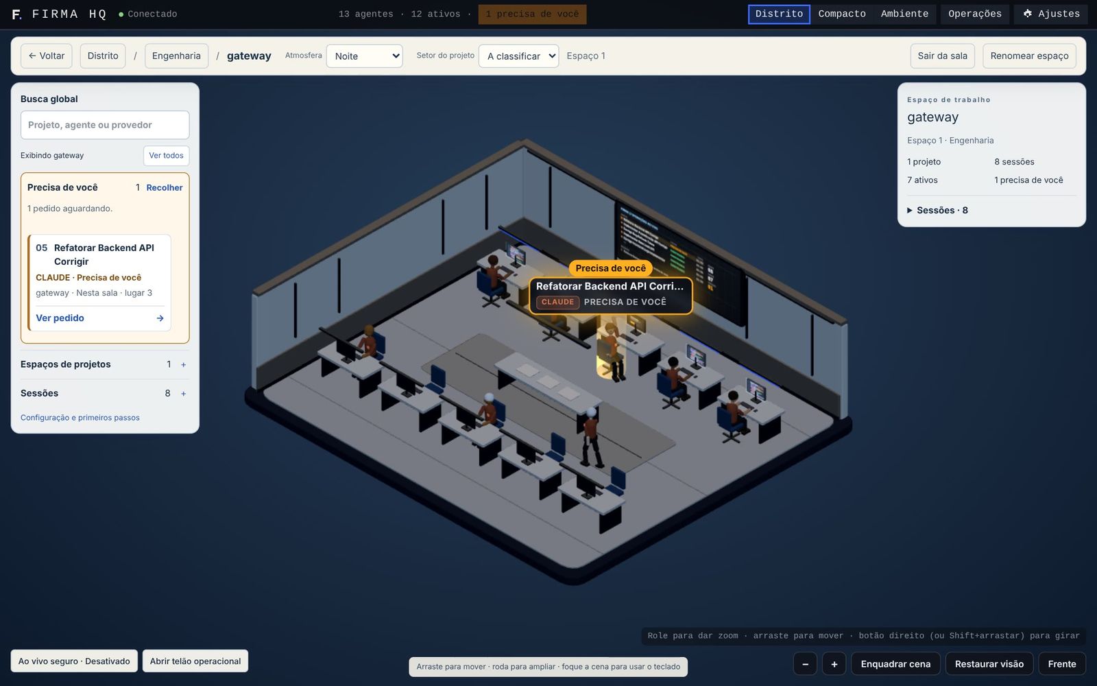 Um agente com o alerta laranja de precisa de você, na sala do gateway